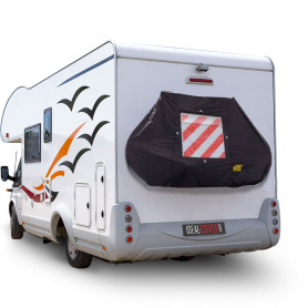 Bicycle protection cover on bicycle rack - motorhome