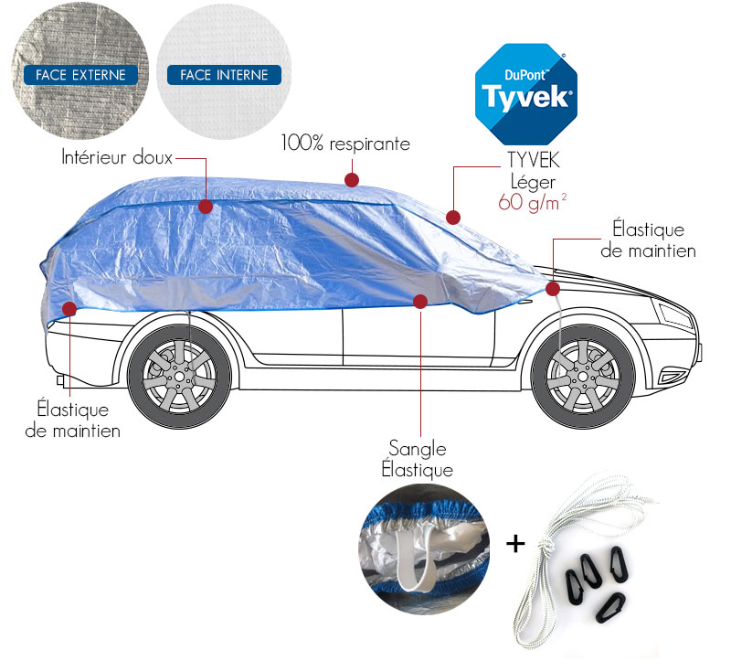 Demi-bâche protection Peugeot 107 - demi-housse Tyvek® DuPont™ : usage mixte